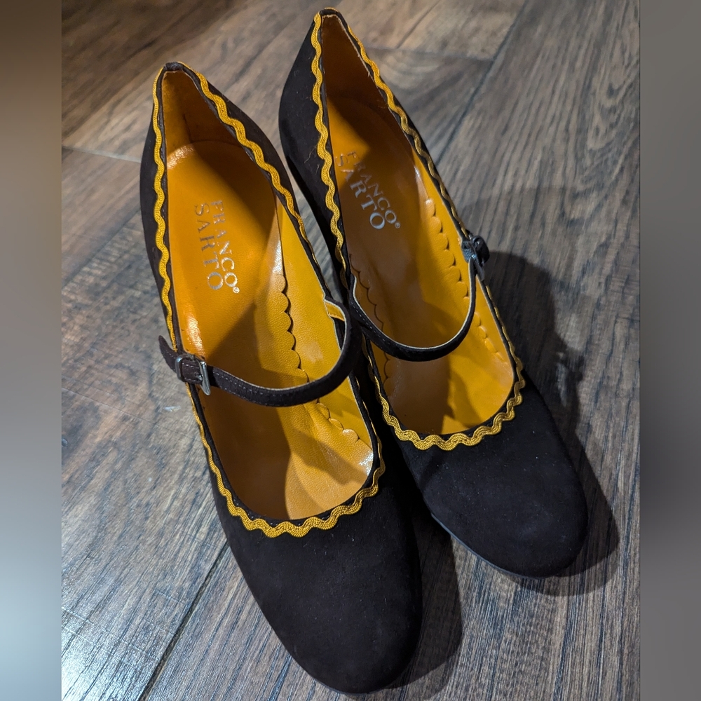Franco Sarto Size 8 Brown Suede Leather Orange Accent Mary Jane Heels Halloween!